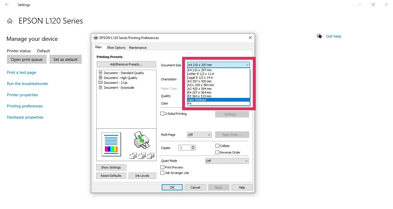 Pilih User-Defined di Printing Preferences