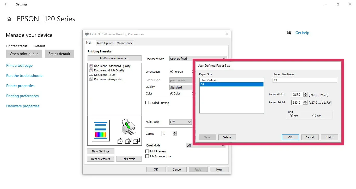 Masukan detail ukuran kertas F4